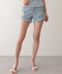 ダメージ ハイウエスト デニム ショート パンツ