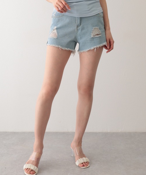 Lace Ladies(レースレディース)の「ダメージ ハイウエスト デニム ショート パンツ(デニムパンツ・レディース・グレー/ブルー/ブラック/ライトブルー・S/M/XL)」の4枚目の写真