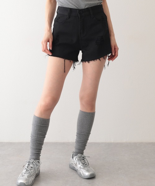 Lace Ladies(レースレディース)の「ダメージ ハイウエスト デニム ショート パンツ(デニムパンツ・レディース・グレー/ブルー/ブラック/ライトブルー・S/M/XL)」の2枚目の写真