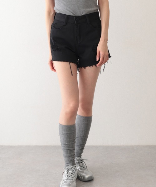 Lace Ladies(レースレディース)の「ダメージ ハイウエスト デニム ショート パンツ(デニムパンツ・レディース・グレー/ブルー/ブラック/ライトブルー・S/M/XL)」の6枚目の写真