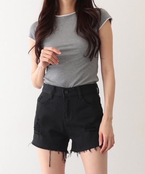 Lace Ladies(レースレディース)の「ダメージ ハイウエスト デニム ショート パンツ(デニムパンツ・レディース・グレー/ブルー/ブラック/ライトブルー・S/M/XL)」の8枚目の写真