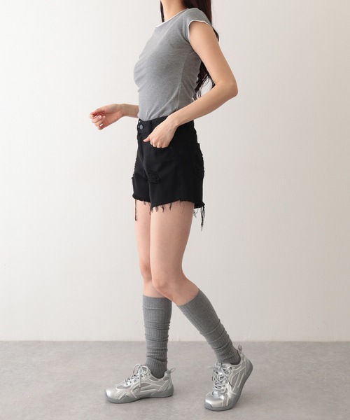 Lace Ladies(レースレディース)の「ダメージ ハイウエスト デニム ショート パンツ(デニムパンツ・レディース・グレー/ブルー/ブラック/ライトブルー・S/M/XL)」の9枚目の写真