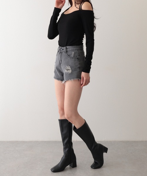 Lace Ladies(レースレディース)の「ダメージ ハイウエスト デニム ショート パンツ(デニムパンツ・レディース・グレー/ブルー/ブラック/ライトブルー・S/M/XL)」の14枚目の写真