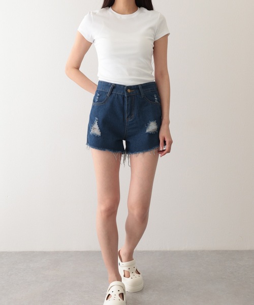 Lace Ladies(レースレディース)の「ダメージ ハイウエスト デニム ショート パンツ(デニムパンツ・レディース・グレー/ブルー/ブラック/ライトブルー・S/M/XL)」の15枚目の写真