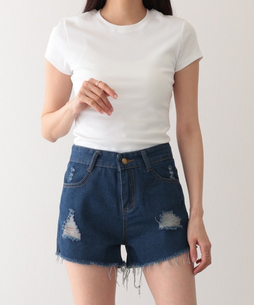 Lace Ladies(レースレディース)の「ダメージ ハイウエスト デニム ショート パンツ(デニムパンツ・レディース・グレー/ブルー/ブラック/ライトブルー・S/M/XL)」の18枚目の写真