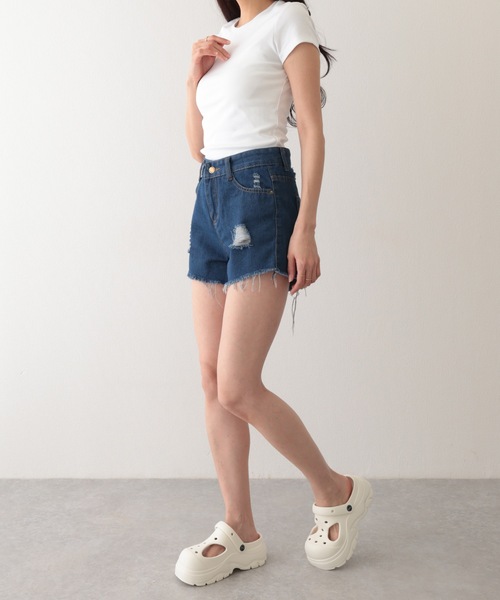 Lace Ladies(レースレディース)の「ダメージ ハイウエスト デニム ショート パンツ(デニムパンツ・レディース・グレー/ブルー/ブラック/ライトブルー・S/M/XL)」の19枚目の写真