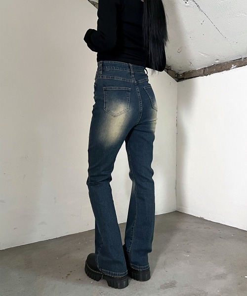 ハイウエストブーツカットクラッシュデニムパンツ ジーンズ デニム デニムパンツ スタイルアップ ストレッチ