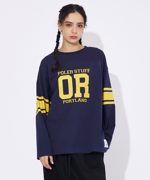 POLeR(ポーラー)の「【POLeR/ポーラー】 FOOTBALL SHIRT/フットボール ロングtシャツ/ユニセックス(Tシャツ/カットソー・メンズ・グリーン/ホワイト/ネイビー・M/L/XL)」の1枚目の写真