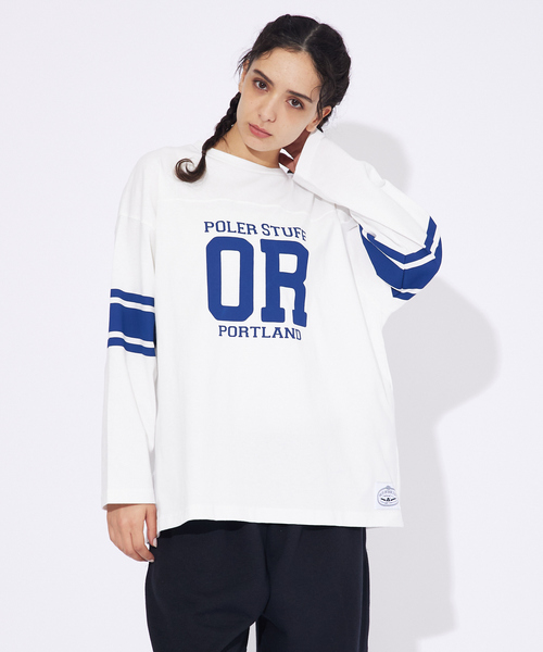POLeR(ポーラー)の「【POLeR/ポーラー】 FOOTBALL SHIRT/フットボール ロングtシャツ/ユニセックス(Tシャツ/カットソー・メンズ・グリーン/ホワイト/ネイビー・M/L/XL)」の2枚目の写真