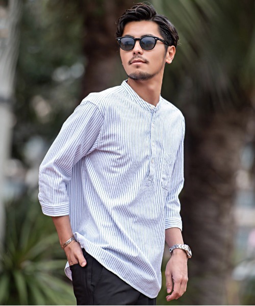 SILVER BULLET（シルバーバレット）の「『CavariA/キャバリア』パナマバンドカラーカプリ7分袖シャツ（シャツ/ブラウス・メンズ・ピンク/ミント/ホワイト系1/ブラック/ネイビー/ベージュ/ブルー系1/ホワイト・XL/L/M）」の3枚目の写真