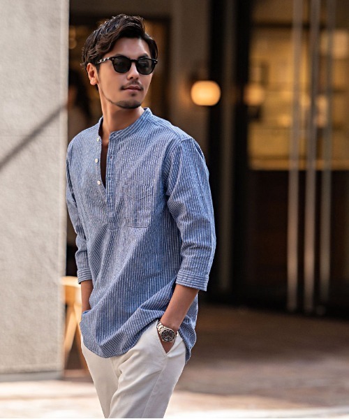 SILVER BULLET（シルバーバレット）の「『CavariA/キャバリア』パナマバンドカラーカプリ7分袖シャツ（シャツ/ブラウス・メンズ・ピンク/ミント/ホワイト系1/ブラック/ネイビー/ベージュ/ブルー系1/ホワイト・XL/L/M）」の7枚目の写真