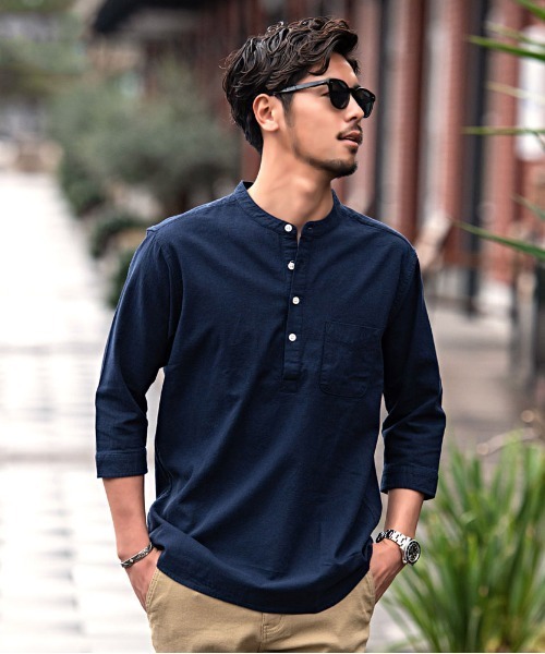 SILVER BULLET（シルバーバレット）の「『CavariA/キャバリア』パナマバンドカラーカプリ7分袖シャツ（シャツ/ブラウス・メンズ・ピンク/ミント/ホワイト系1/ブラック/ネイビー/ベージュ/ブルー系1/ホワイト・XL/L/M）」の6枚目の写真