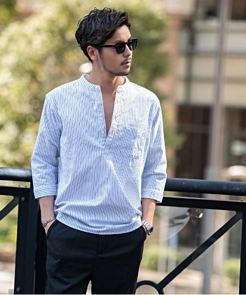 SILVER BULLET（シルバーバレット）の「『CavariA/キャバリア』パナマバンドカラーカプリ7分袖シャツ（シャツ/ブラウス・メンズ・ピンク/ミント/ホワイト系1/ブラック/ネイビー/ベージュ/ブルー系1/ホワイト・XL/L/M）」の13枚目の写真