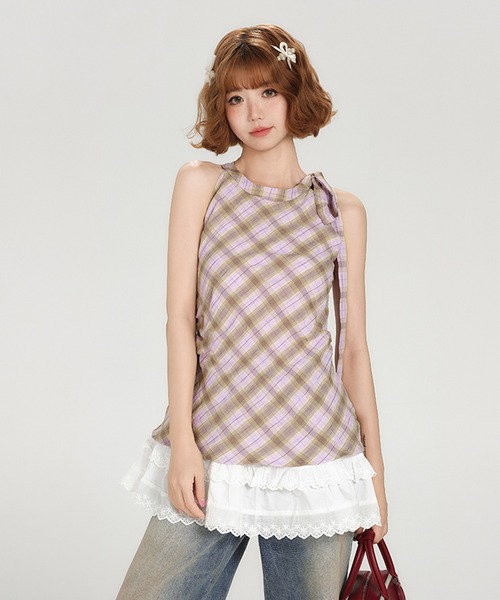 tシャツ ホルターネック チェック柄 フリルヘムトップス GH25s065「Girlyhalo」 レディース セール】ホルターネック チェック柄 フリルヘムトップス