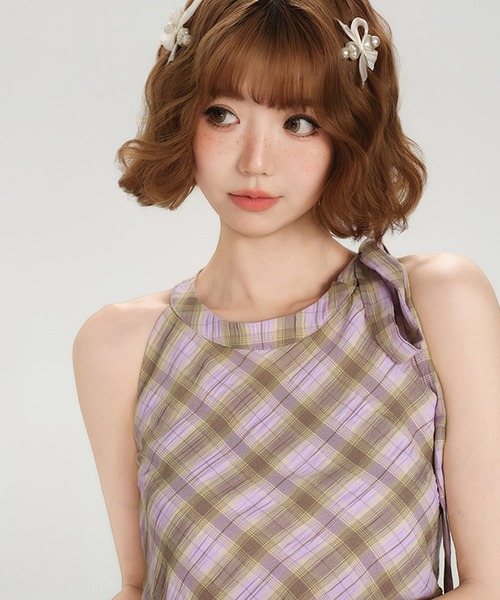 tシャツ ホルターネック チェック柄 フリルヘムトップス GH25s065「Girlyhalo」 レディース セール】ホルターネック チェック柄 フリルヘムトップス