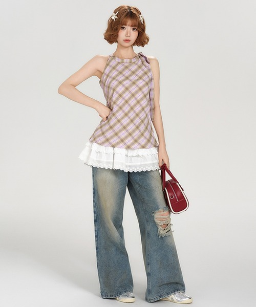 tシャツ ホルターネック チェック柄 フリルヘムトップス GH25s065「Girlyhalo」 レディース セール】ホルターネック チェック柄 フリルヘムトップス