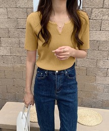 大人の抜け感 キーネックサマーニット 半袖 キーネック リブニット トップス オフィスカジュアル きれいめ 春服 夏服