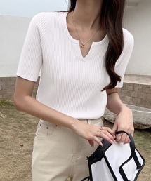 大人の抜け感 キーネックサマーニット 半袖 キーネック リブニット トップス オフィスカジュアル きれいめ 春服 夏服