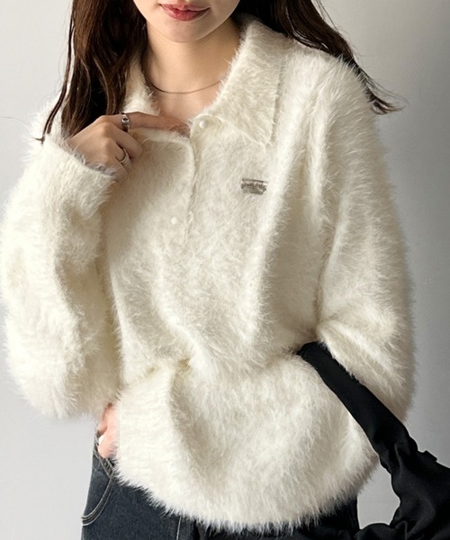 mily bilet(ミウィビレット)の「【mily bilet】カジュアルな大人ふんわり。メタルプレート使いフェザーシャギーポロニット(長袖)(ニット/セーター・レディース・チャコールグレー/グレー/チョコ/アイボリー・LARGE/MEDIUM/SMALL/X-LARGE)」の6枚目の写真