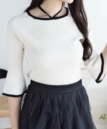CLEAR BASIC | バックリボン配色フレアスリーブ5分袖ニットトップス［大人 カジュアル 春ニット］≪2025SS新作≫(ニット/セーター)