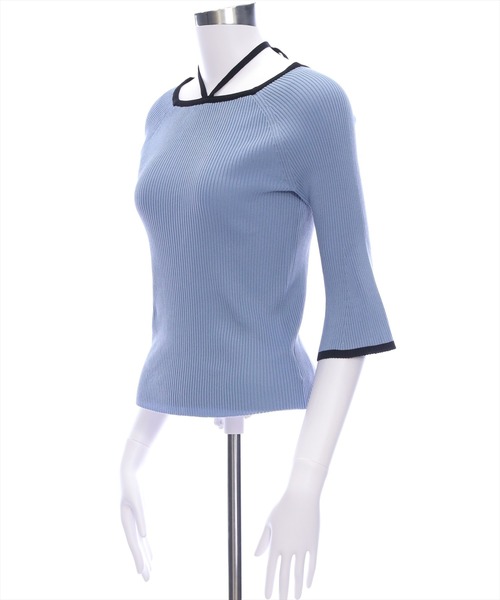 CLEAR BASIC（クリアベーシック）の「バックリボン配色フレアスリーブ5分袖ニットトップス≪SS新作≫（ニット/セーター・レディース・アイボリー/ブルーグレー/ブラック/グレー/ブラウン/ボルドー・F）」の10枚目の写真