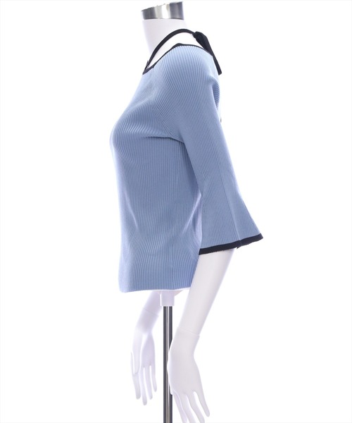 CLEAR BASIC（クリアベーシック）の「バックリボン配色フレアスリーブ5分袖ニットトップス≪SS新作≫（ニット/セーター・レディース・アイボリー/ブルーグレー/ブラック/グレー/ブラウン/ボルドー・F）」の11枚目の写真