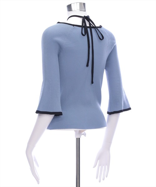 CLEAR BASIC（クリアベーシック）の「バックリボン配色フレアスリーブ5分袖ニットトップス≪SS新作≫（ニット/セーター・レディース・アイボリー/ブルーグレー/ブラック/グレー/ブラウン/ボルドー・F）」の12枚目の写真