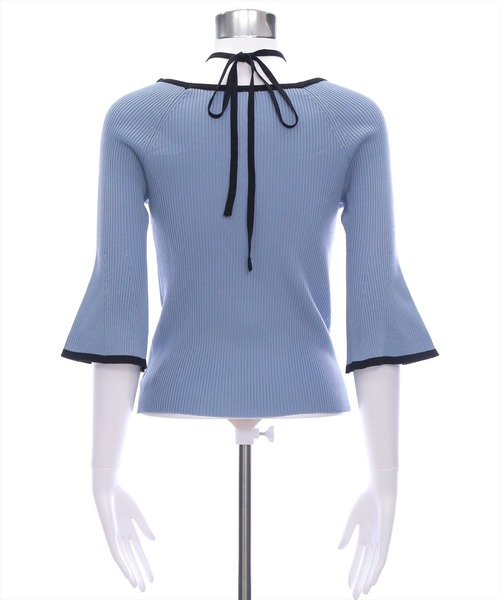 CLEAR BASIC（クリアベーシック）の「バックリボン配色フレアスリーブ5分袖ニットトップス≪SS新作≫（ニット/セーター・レディース・アイボリー/ブルーグレー/ブラック/グレー/ブラウン/ボルドー・F）」の13枚目の写真