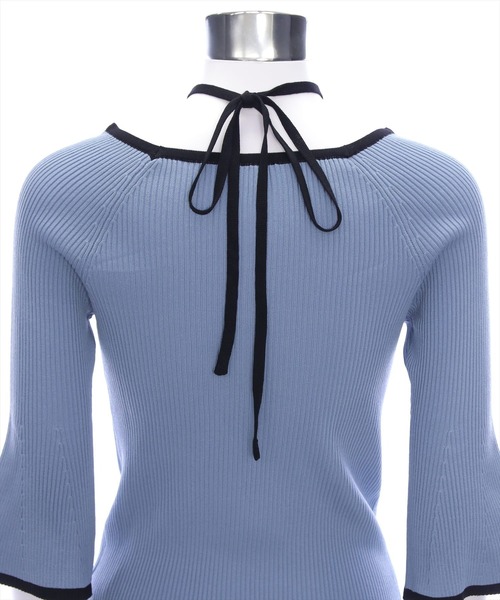 CLEAR BASIC（クリアベーシック）の「バックリボン配色フレアスリーブ5分袖ニットトップス≪SS新作≫（ニット/セーター・レディース・アイボリー/ブルーグレー/ブラック/グレー/ブラウン/ボルドー・F）」の14枚目の写真