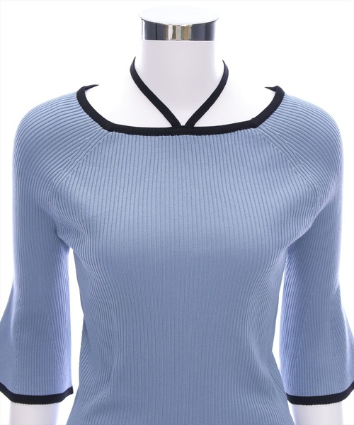 CLEAR BASIC（クリアベーシック）の「バックリボン配色フレアスリーブ5分袖ニットトップス≪SS新作≫（ニット/セーター・レディース・アイボリー/ブルーグレー/ブラック/グレー/ブラウン/ボルドー・F）」の15枚目の写真