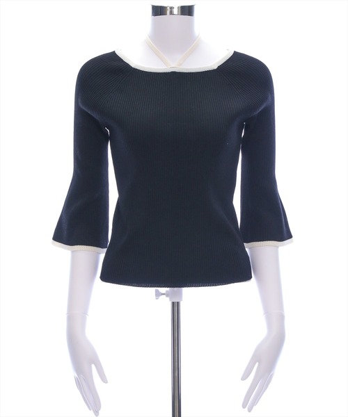 CLEAR BASIC（クリアベーシック）の「バックリボン配色フレアスリーブ5分袖ニットトップス≪SS新作≫（ニット/セーター・レディース・アイボリー/ブルーグレー/ブラック/グレー/ブラウン/ボルドー・F）」の20枚目の写真