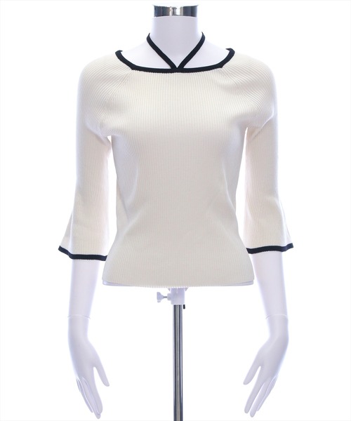 CLEAR BASIC（クリアベーシック）の「バックリボン配色フレアスリーブ5分袖ニットトップス≪SS新作≫（ニット/セーター・レディース・アイボリー/ブルーグレー/ブラック/グレー/ブラウン/ボルドー・F）」の21枚目の写真