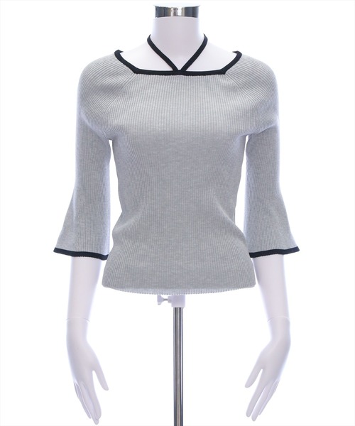 CLEAR BASIC（クリアベーシック）の「バックリボン配色フレアスリーブ5分袖ニットトップス≪SS新作≫（ニット/セーター・レディース・アイボリー/ブルーグレー/ブラック/グレー/ブラウン/ボルドー・F）」の22枚目の写真