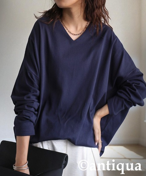 antiqua(アンティカ)の「シュッと美コクーンバスクトップス(Tシャツ/カットソー・レディース・ブラック/カーキ/ネイビー/ホワイト/アッシュグレー・B/V)」の1枚目の写真
