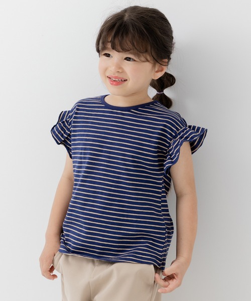 chil2(チルツー)の「綿100% スラブ天竺ボーダー 袖フリルTシャツ(Tシャツ/カットソー・キッズ・ホワイト/ネイビー/イエロー/ブラック・80cm/90cm/100cm/110cm/120cm/130cm/140cm)」の3枚目の写真