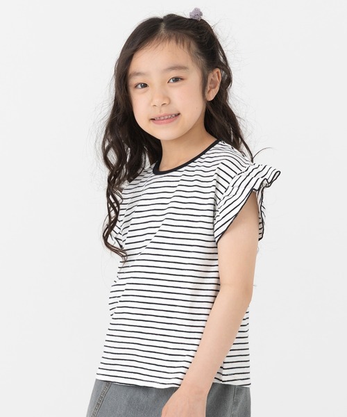 chil2(チルツー)の「綿100% スラブ天竺ボーダー 袖フリルTシャツ(Tシャツ/カットソー・キッズ・ホワイト/ネイビー/イエロー/ブラック・80cm/90cm/100cm/110cm/120cm/130cm/140cm)」の1枚目の写真