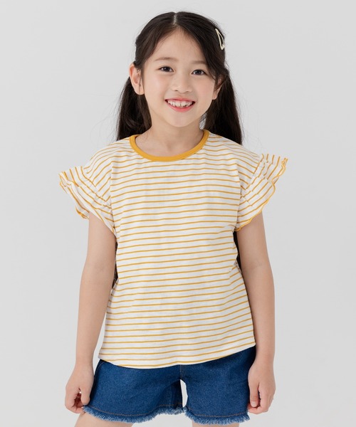 chil2(チルツー)の「綿100% スラブ天竺ボーダー 袖フリルTシャツ(Tシャツ/カットソー・キッズ・ホワイト/ネイビー/イエロー/ブラック・80cm/90cm/100cm/110cm/120cm/130cm/140cm)」の4枚目の写真