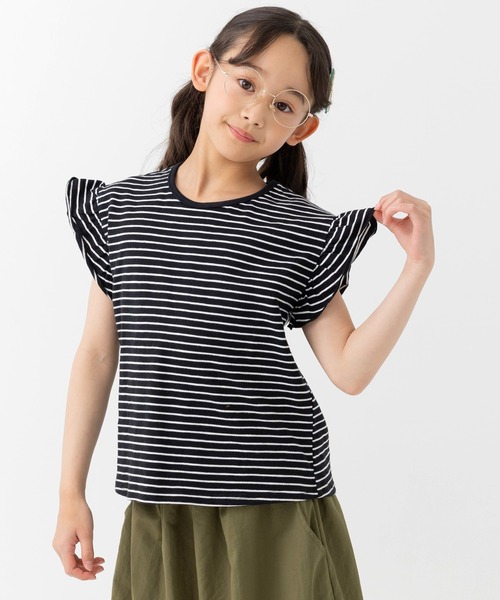 chil2(チルツー)の「綿100% スラブ天竺ボーダー 袖フリルTシャツ(Tシャツ/カットソー・キッズ・ホワイト/ネイビー/イエロー/ブラック・80cm/90cm/100cm/110cm/120cm/130cm/140cm)」の2枚目の写真