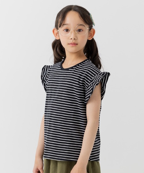 chil2(チルツー)の「綿100% スラブ天竺ボーダー 袖フリルTシャツ(Tシャツ/カットソー・キッズ・ホワイト/ネイビー/イエロー/ブラック・80cm/90cm/100cm/110cm/120cm/130cm/140cm)」の10枚目の写真