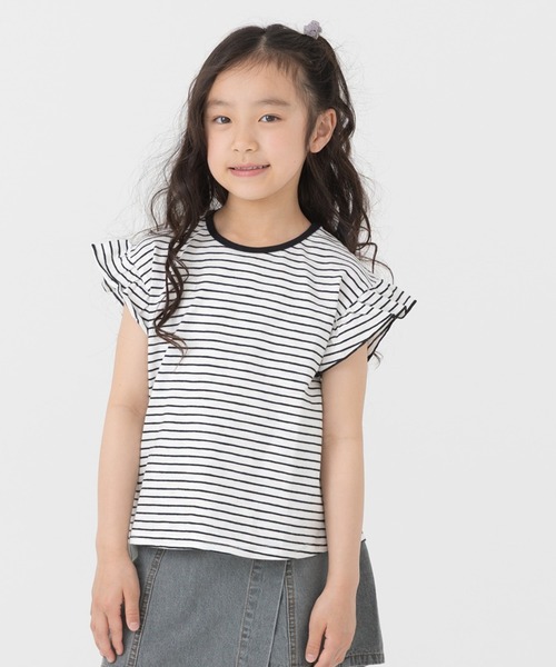 chil2(チルツー)の「綿100% スラブ天竺ボーダー 袖フリルTシャツ(Tシャツ/カットソー・キッズ・ホワイト/ネイビー/イエロー/ブラック・80cm/90cm/100cm/110cm/120cm/130cm/140cm)」の6枚目の写真