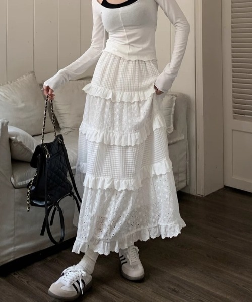 SHEPP（シープ）の「レースティアードフリルロングスカート（スカート・レディース・ホワイト・M/L）」の6枚目の写真