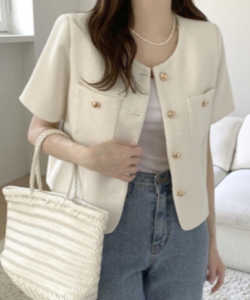 セール】ノーカラー半袖ツイードジャケット（ノーカラー