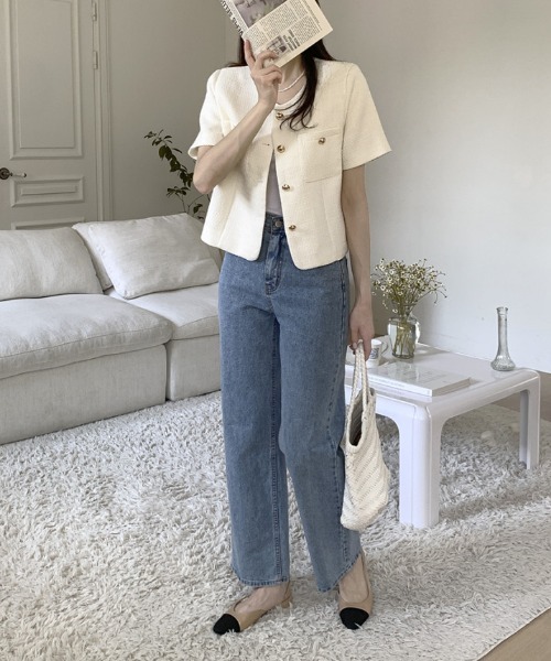 セール】ノーカラー半袖ツイードジャケット（ノーカラー