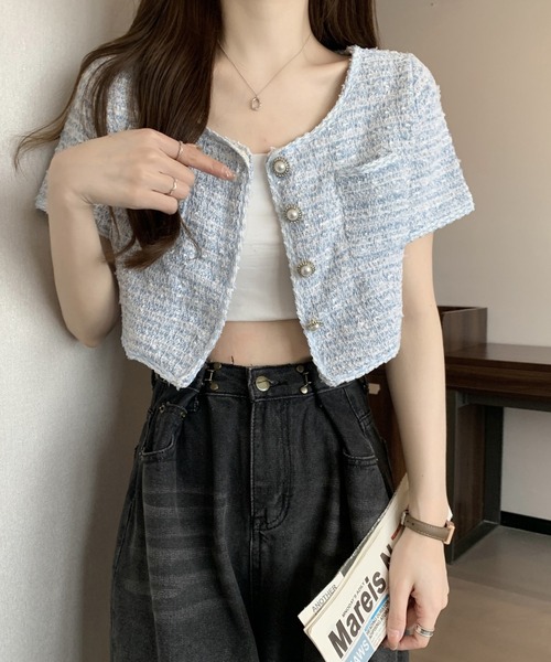 Evo+Revo(エボレボ)の「”パールが主役!” 大人っぽツイードサマージャケット(Tシャツ/カットソー・レディース・ホワイト/ブラック/サックスブルー・M/L)」の10枚目の写真