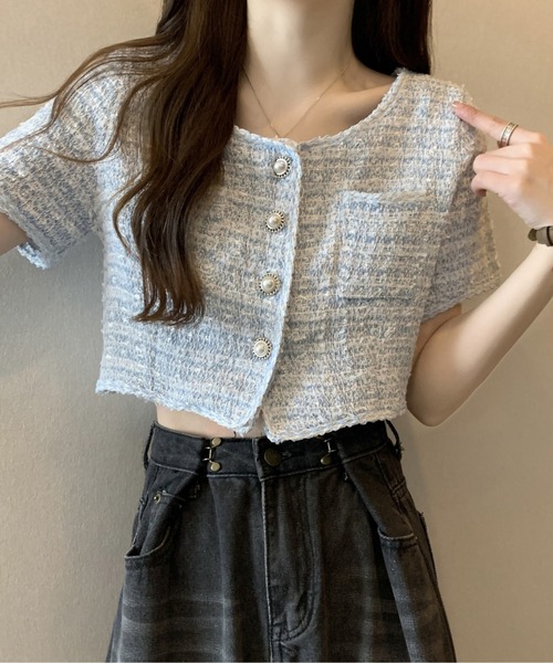 Evo+Revo(エボレボ)の「”パールが主役!” 大人っぽツイードサマージャケット(Tシャツ/カットソー・レディース・ホワイト/ブラック/サックスブルー・M/L)」の11枚目の写真