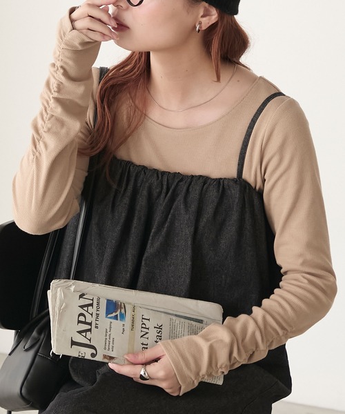 BONLECILL(ボンルシール)の「【至福のパルフェコレクション】袖シャーリングカップ付きテレコロンTEE(Tシャツ/カットソー・レディース・ベージュ/モカ/チャコール/レッド/ブラウン/ホワイト×ブラック/アイボリー/グレイッシュベージュ/ブラック・L/M)」の7枚目の写真
