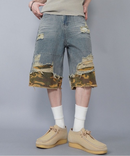 ダメージ ハーフパンツ ルーズ 切替 七分丈 迷彩 デニム hr9666 ダメージルーズデニムパンツ – Darich (ダーリッチ)