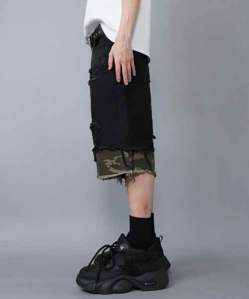 SPINNS（スピンズ）の「ダメージ加工デニムハーフパンツ/カモ柄/迷彩（デニムパンツ・メンズ・ブラック/ブルー・M）」の16枚目の写真