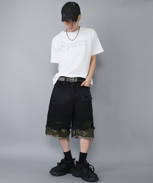 SPINNS（スピンズ）の「ダメージ加工デニムハーフパンツ/カモ柄/迷彩（デニムパンツ・メンズ・ブラック/ブルー・M）」の6枚目の写真