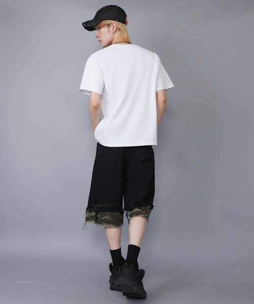SPINNS（スピンズ）の「ダメージ加工デニムハーフパンツ/カモ柄/迷彩（デニムパンツ・メンズ・ブラック/ブルー・M）」の9枚目の写真
